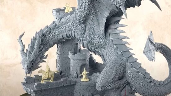 Game of Thrones Wargames - Drogon the dragon miniature by Cool Mini or Not, a 3D render of a huge dragon looming over a ruined tower