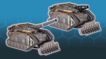 Horus Heresy Warhammer tanks - Games Workshop photo showing the new Solar Axilia Medusa and Basilisk tanks fully painted