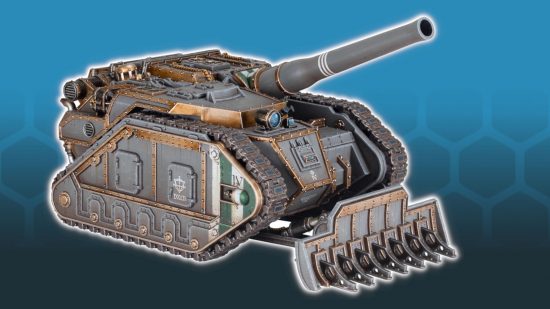Horus Heresy Warhammer tanks - Games Workshop photo showing the new Solar Auxilia Basilisk tank fully painted