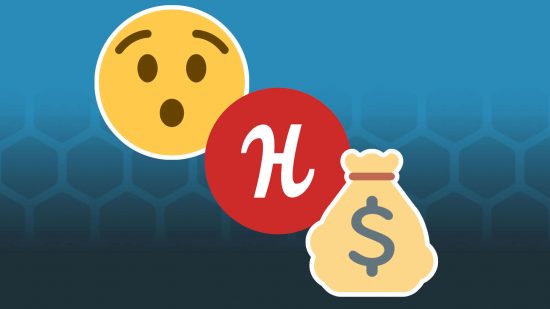 The Humble Bundle logo, a white 'H' in a red circle, flanked by a surprised face emoji and a money bag emoji