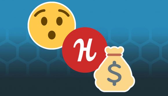 The Humble Bundle logo, a white 'H' in a red circle, flanked by a surprised face emoji and a money bag emoji