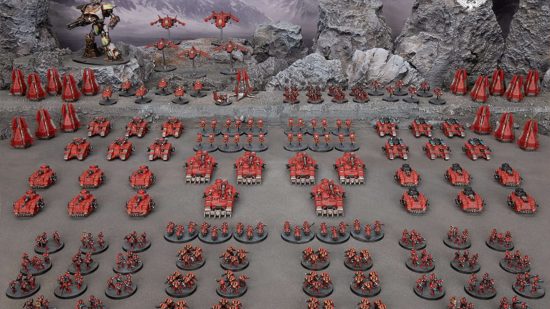 Legions Imperialis The Great Slaughter - an army of Blood Angels miniatures, a mixture of tiny tanks, infantry, skimmers, flyers, and drop pods