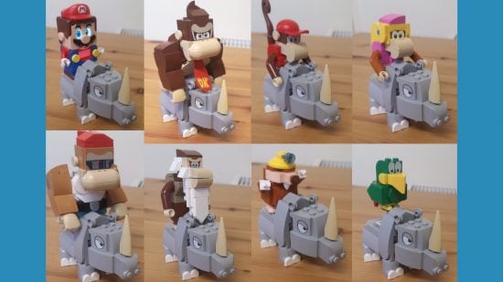 Lego Donkey Kong: Rambi the Rhino review image showing Mario, Donkey Kong, Diddy Kong, Dixie Kong, Cranky Kong, Funky Kong, a Mole Miner, and Squawks riding Rambi in different photos.