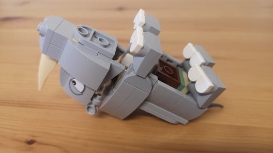 Lego Donkey Kong: Rambi the Rhino review image showing Rambi upside down.