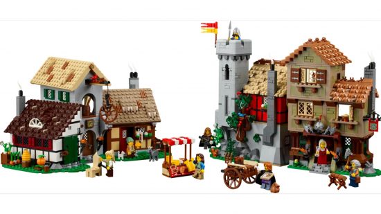 Lego Medieval Town square model seen from a distance