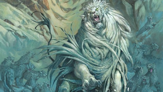 MTG cards price spike - artwork of a giant cat surrounded by snow leopards