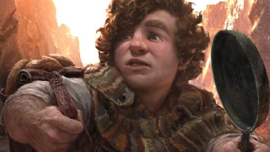 The MTG commander precon art for sam showing the hobbit holding a frying pan.