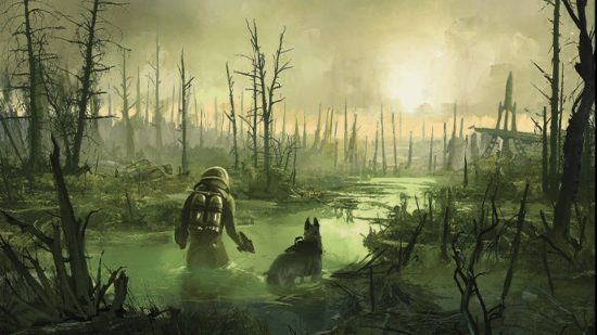 MTG Fallout artwork showing a man and a dog walking through a swamp