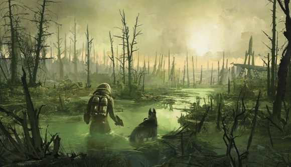 MTG Fallout artwork showing a man and a dog walking through a swamp