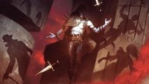 MTG artwork showing a vampire flying through the air with knives around them and sinister shadows on the wall behind