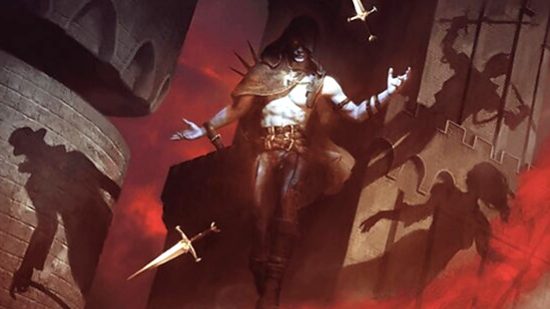 MTG artwork showing a vampire flying through the air with knives around them and sinister shadows on the wall behind