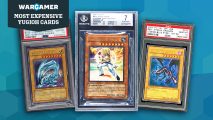 Three of the most expensive Yugioh cards on a blue background