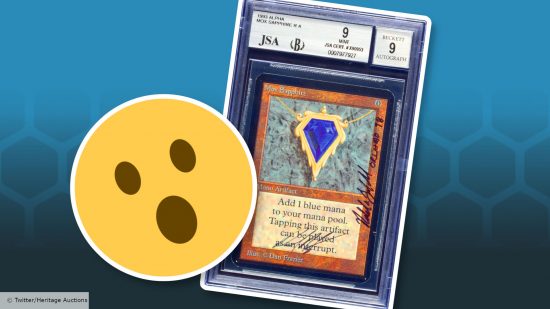 MTG Alpha auction Mox sapphire photo from Heritage Auctions, with surprised Twitter emoji