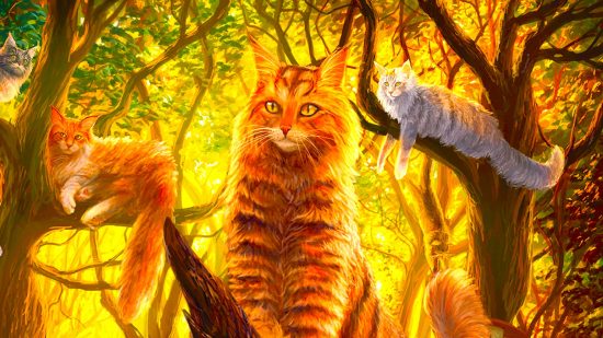 Wizards of the Coast art of MTG cats lounging on tree branches