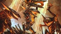 Uncommon MTG card almost triples in price - card art from Gleeful demolition, a trio of mechanical goblins with fiery innards tear apart another mechanical creature
