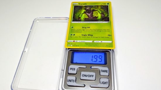 Pokemon card size and weight guide - Wargamer photo showing a holo Zarude card being weighed