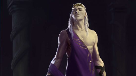 Space Marine Primarchs - Fulgrim, a pale-skinned man with white hair wearing a royal purple toga and a coronet