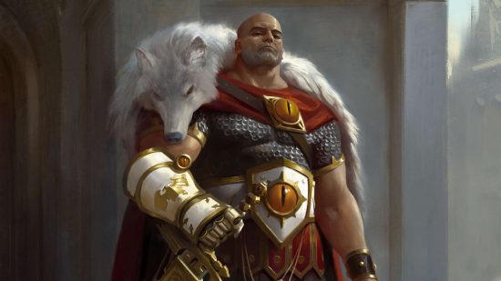 Space Marine Primarchs - Horus Lupercal, a bulky bald man wearing a wolf's pelt, chainmail, white armor plates, and a red cape, adorned with an eye motif