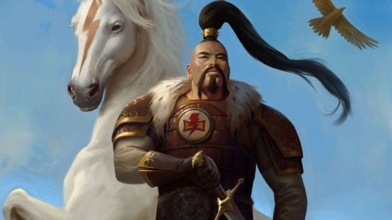 Space Marine Primarchs - Jaghatai Khan, a man with a topknot and moustache in lamellar armor, standing in front of a white horse