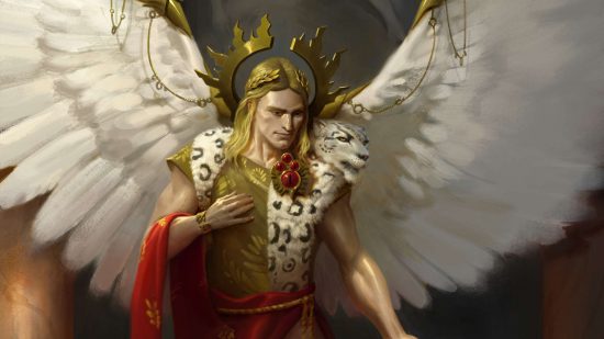 Space Marine Priarchs - Sanguinius, an angelic man with great white wings, wearing a snow leopard pelt and a golden halo