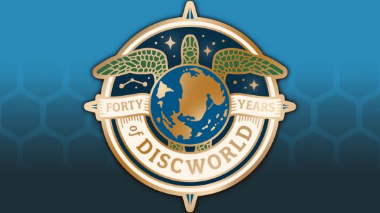 Terry Pratchett Discworld RPG - Pratchett Estate and Modiphius image showing a promotional graphic for the fortieth anniversary of Discworld, featuring the world turtle A'Tuin