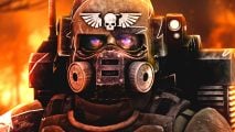 Still from Warhammer 40k Astra Militarum Fan Animation 'Scorch' - closeup on a purple eyed Kasrkin soldier in full helmet, rebreather mask, with a prominent winged skull on his helment