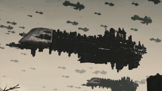 Still from Warhammer 40k Astra Militarum Fan Animation 'Scorch' - multiple Imperial Navy voidships hover in the atmosphere, long, pike-nosed, crenelated vessels