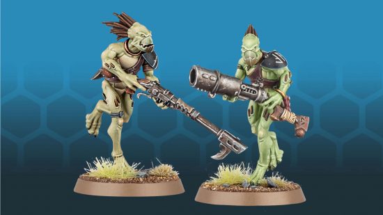 Warhammer 40k Kroot Carnivores - humanoid aliens with quills instead of hair and beaks, wielding sturdy looking ranged weapons