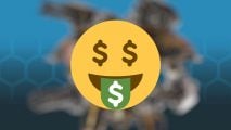 An emoji with dollar bills for eyes and a tongue superimposed over a blurry image
