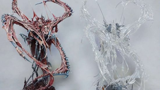 Horrifying Warhammer 40k kitbash - the Necron C'tan Llandugor, a mass of flailing flesh, gore, and tendrils, side by side with an unpainted version made from hot glue