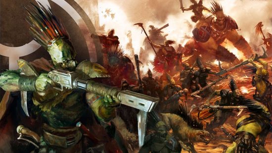 Warhammer 40k Kroot artwork by Games Workshop - a montage showing a Kroot battleforce, with a closeup image of an alien Kroot armed with a long rifle on one side, and a massed force consisting of infantry and cavalry on the right