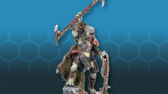Warhammer 40k Kroot Warshaper, an avian humanoid with a beak and quills in place of hair, wearing leather harnesses and a breastplate, armed with a hook on a rope and a double-ended polearm