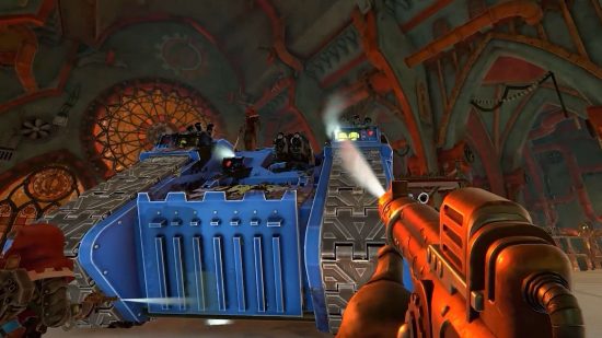 Screenshot from Warhammer 40k Power Wash Simulator DLC - the player sprays dirt off a large blue tank