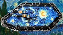 A Warhammer 40k Land Raider tank painted like Van Gogh's Starry Night, a mixture of bright and rapidly moving blues, yellows, and oranges, with a black rim