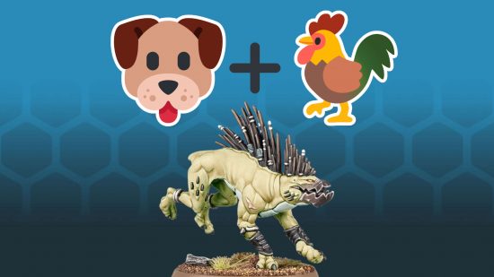 A Warhammer 40k Tau Empire Kroot Hound, a large, doglike predator with birdlike beaks and a mane of quill along its back, plus a puppy face emoji and a rooster emoji