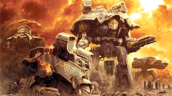 A Warhammer 40k Warlord Titan - a huge walking war machine with a hunched back, massive pauldrons, guns on its arms and shoulders, walks past a destroyed Warlord Titan