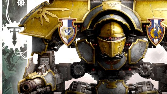 Warhammer 40k Warlord Titan - a huge walking war machine with a hunched back, massive pauldrons, guns on its arms and shoulders, with yellow and grey armor plating