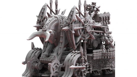 Lost Kingdoms miniatures war ballista, a baroque war engine with a giant bull at the head, a substitute for a Warhammer Chaos Dwarf Iron Daemon