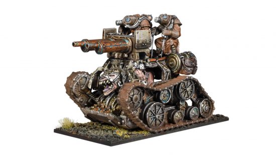 Mantic Games Ratkin Death Engine, a ramshackle tracked war engine with a pair of machine guns, a reasonable substitute for a Warhammer Chaos Dwarf iron daemon