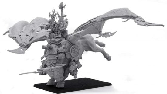 A Warhammer Chaos Dwarf Sorcerer riding on a Taurus, a winged bull