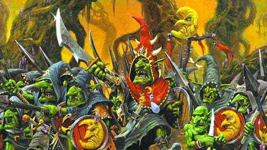Warhammer Night Goblins The Old World guide - Games Workshop artwork showing an army of Night Goblins led by a Night Goblin boss raising his sword