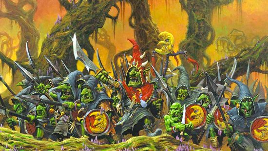 Warhammer Night Goblins The Old World guide - Games Workshop artwork showing an army of Night Goblins led by a Night Goblin boss raising his sword