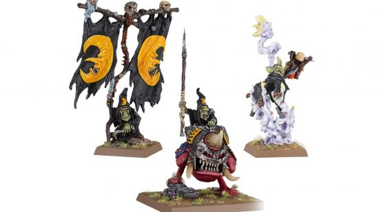 Warhammer Night Goblins The Old World guide - Games Workshop image showing the Night Goblins Command Set models painted