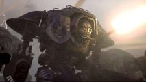 Still from Warhammer Plus animation Broken Lance - an Imperial Knight, a large, hunch-backed walking warmachine, with a tilting plate on one side of the chest and a machine gun on the other