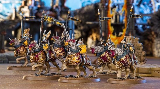 Warhammer the Old World Empire demigryph knights, armored warriors bearing lances riding on part-bird, part-lion monsters