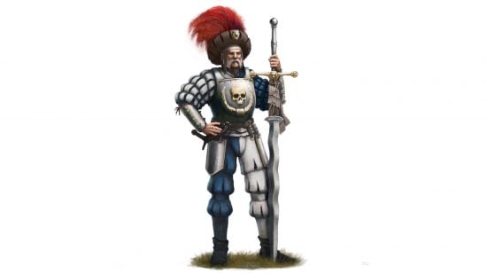 Warhammer the Old World Empire Greatsword - a human with a two-handed sword, wearing slashed blue and white pantaloons and sleeves, a steel breastplate, and a large feathered cap