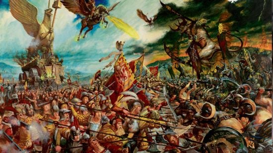 Painting by Games Workshop, a Warhammer the Old World Empire army composed of hundreds of humans with polearms dragging a giant griffon war altar, engage the Beastmen of Chaos