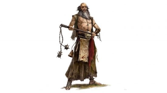Warhammer the Old World Empire of Man flagellant, a bedraggled, part nude man wielding a flail.
