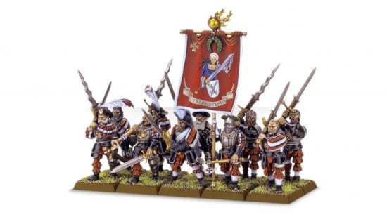 Warhammer the Old World Empire Greatsword unit - humans with two-handed swords, wearing slashed pantaloons and sleeves, a steel breastplate, and a large feathered cap