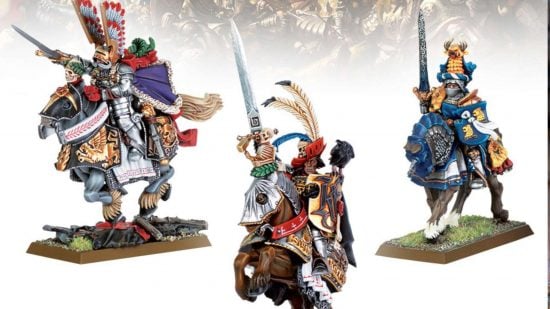 Warhammer the Old World Empire heroes, ornately dressed humans riding on armored warhorses